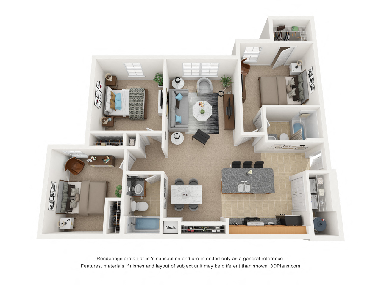 Floor plan for 3 beds, 2 baths, 1046 sqft